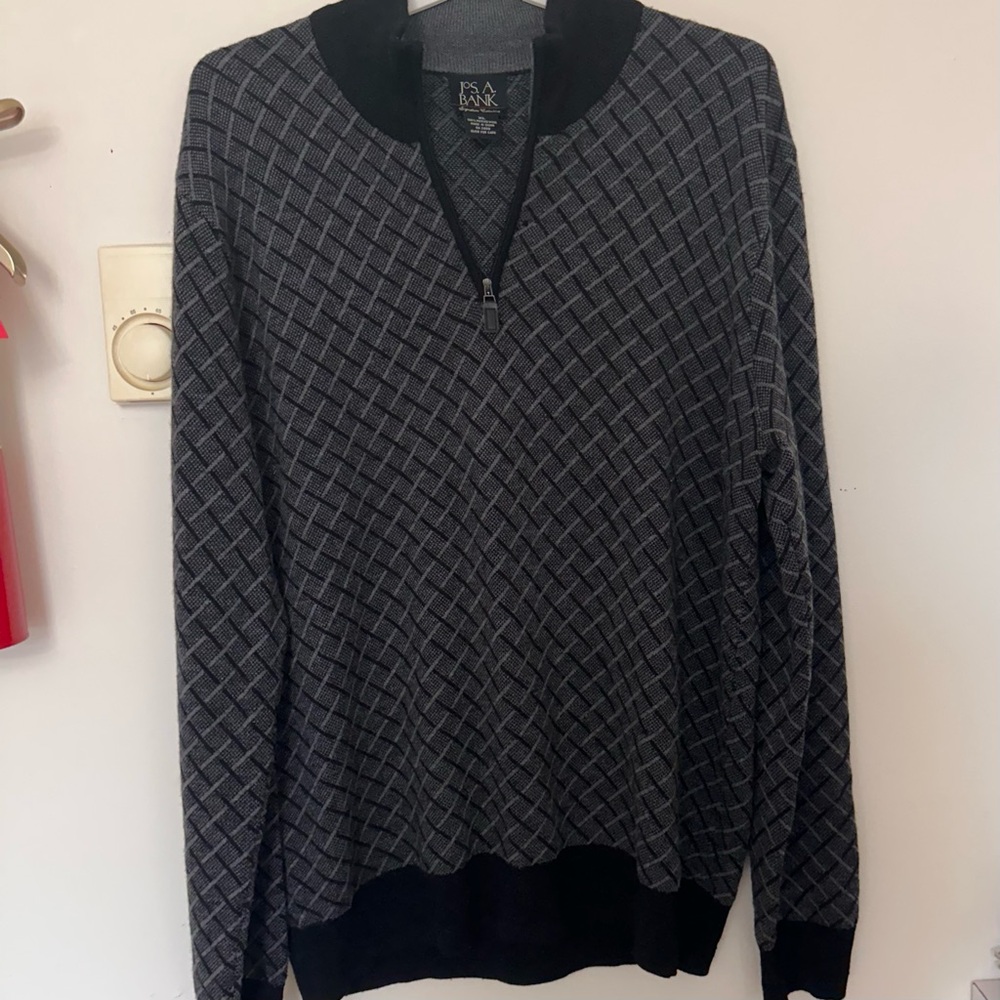 Jos A Bank Black Gray  Merino Wool Sweater Mens XL Pullover Zip Mock Neck